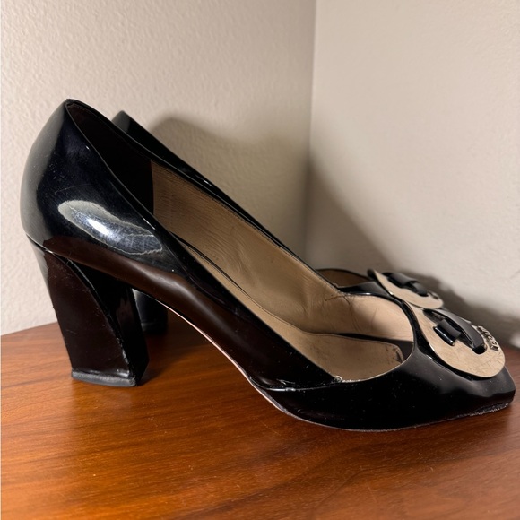 Prada Black Patent Leather Peep Toe Block Heel Pumps Size 40.5 - Picture 5 of 15